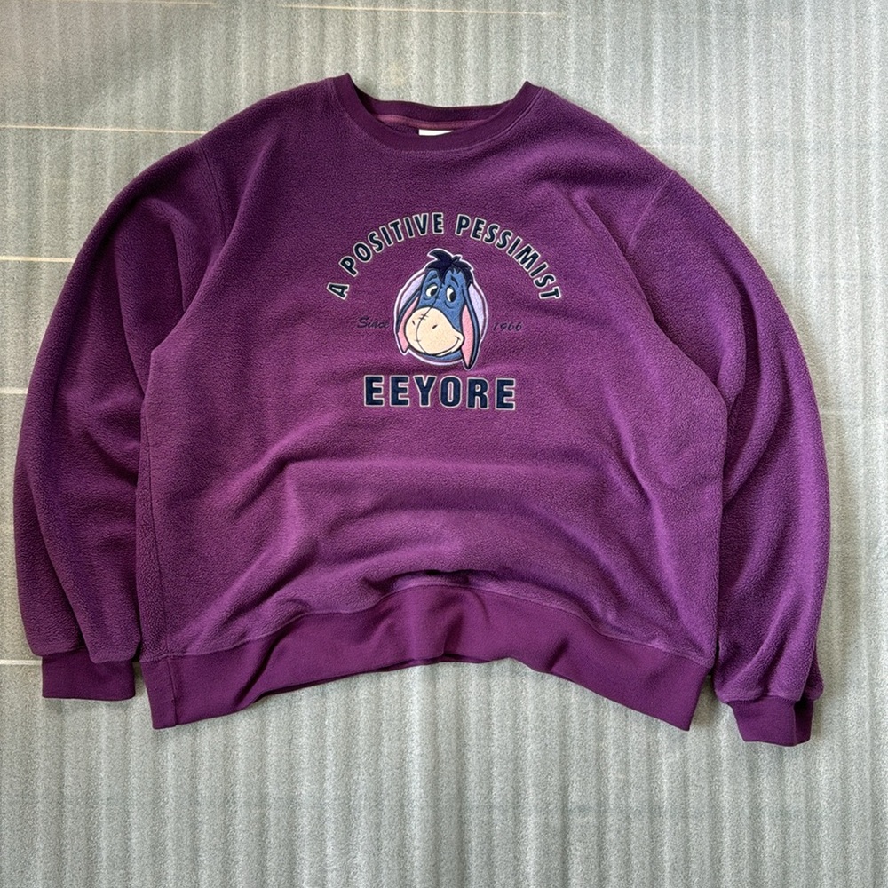 Vintage Disney Y2K Eeyore “A Positive Pessimist” Boxy Fleece Crewneck Sweatshirt - Picture 2 of 4